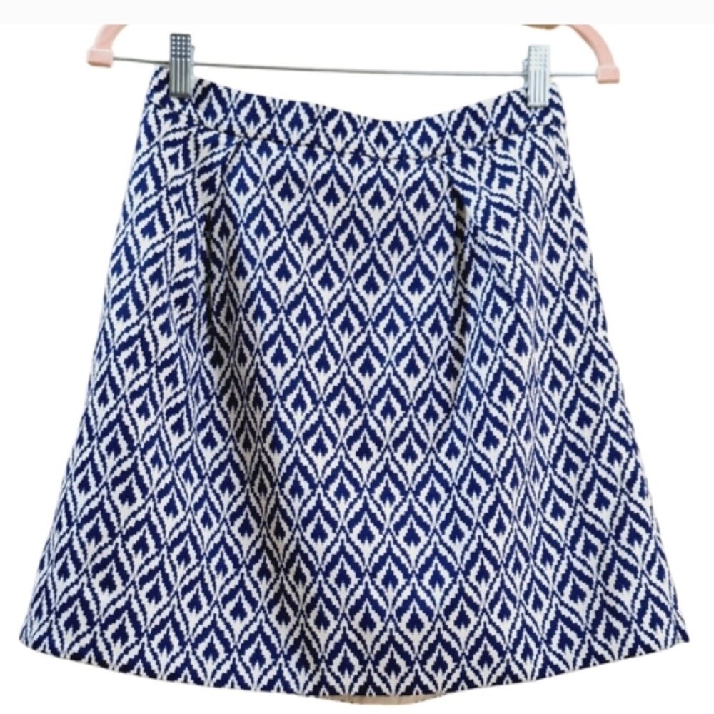 J. Crew Blue Ikat Print a line Pockets  Mini Skirt Sz 00